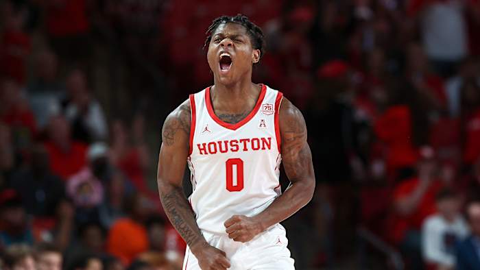 Houston’s Marcus Sasser celebrates a score